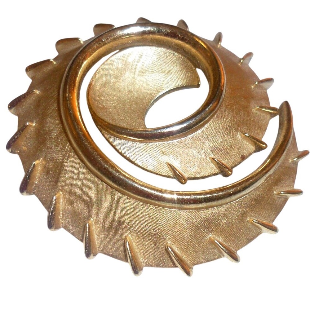Vintage Trifari Gold Tone Spiral Brooch Modernist 1970s Textured Swirl Spike Pin